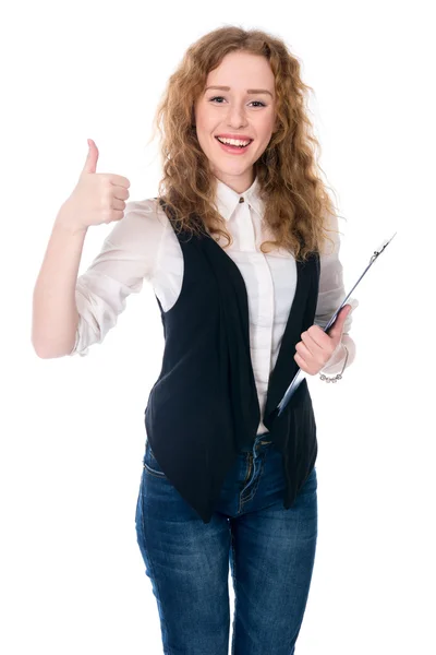 Sonriente mujer de negocios pulgar hacia arriba mostrar . — Foto de Stock