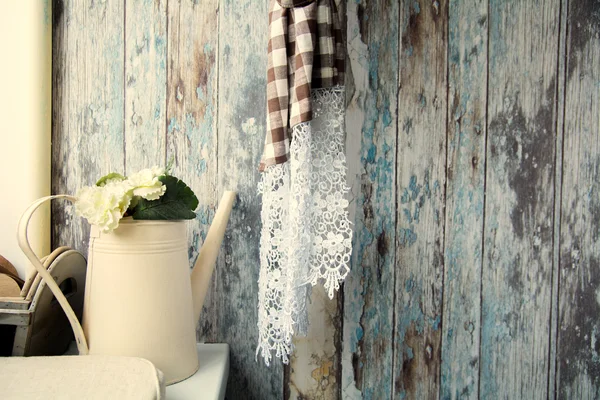 Interior rural veranda with watering can and old walls. — Stock Photo, Image