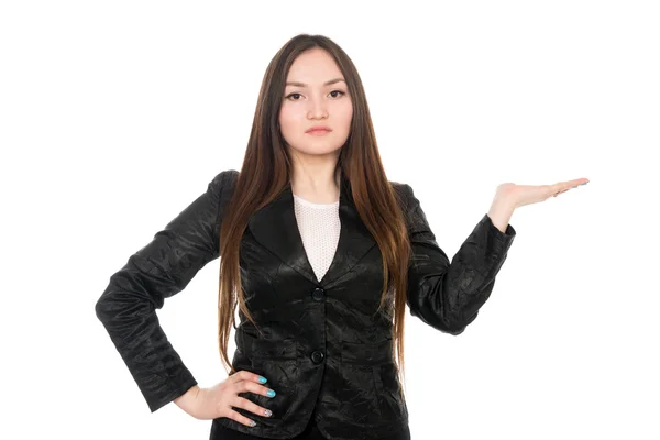 Young woman showing product with open hand palm — Stock Photo, Image