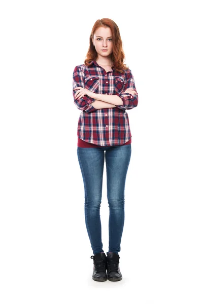 Full-length portrait of a beautiful young red-haired girl lookin — Stock Photo, Image