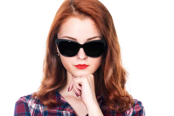Close-up portrait of red-haired girl with dark glasses — Stock Photo, Image