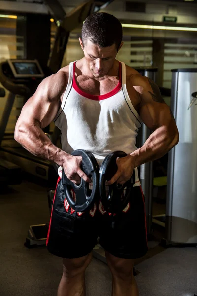 Bodybuilder trains the muscles in the gym. Fitness training — Stock Photo, Image