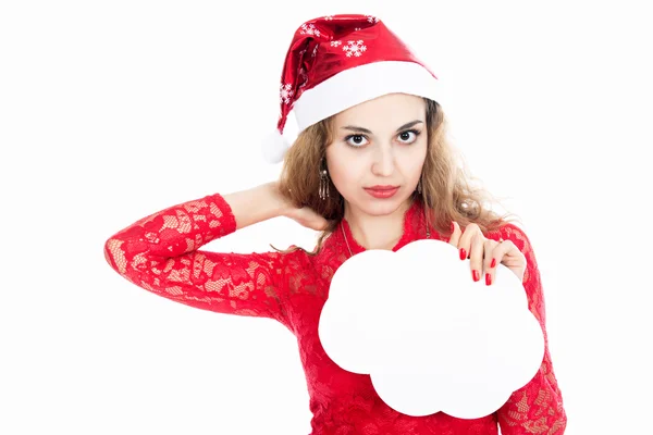 Chica en un sombrero de Navidad sosteniendo pancartas en forma de nubes —  Fotos de Stock