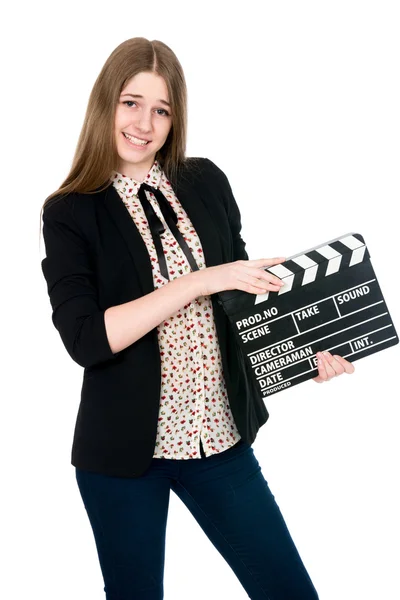 Piękna kobieta uśmiechający się trzymając kino klakier — Zdjęcie stockowe