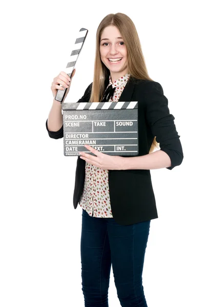 Hermosa mujer sonriente sosteniendo una película aplaudiendo . —  Fotos de Stock