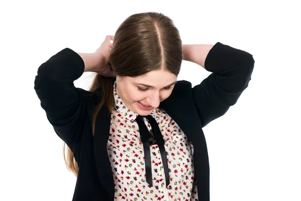 Portrait of a young girl collects long hair in a ponytail head b — Stock Photo, Image
