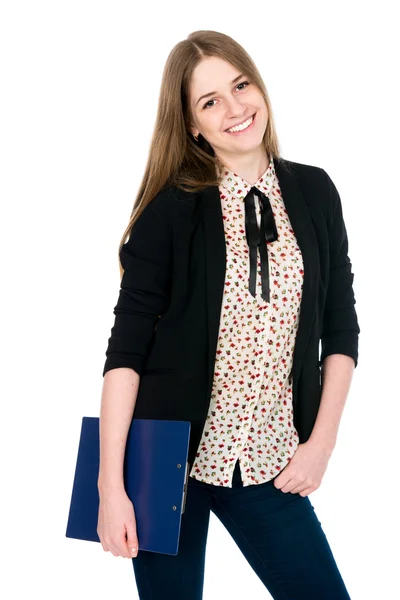 Gyönyörű office mosolygó fiatal nő egy tabletta — Stock Fotó