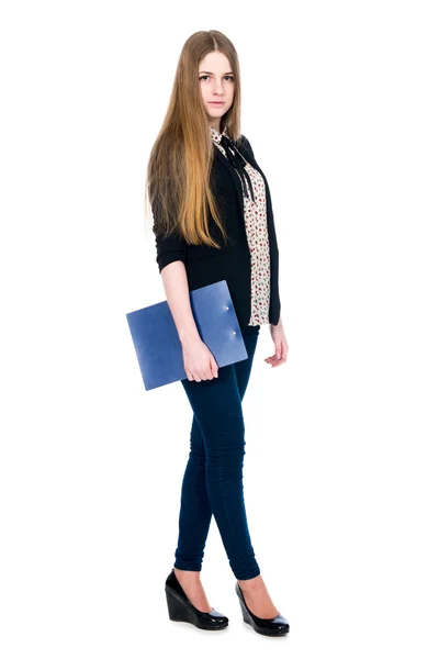 Full length of young blond girl holding clipboard looking. — Stock Photo, Image