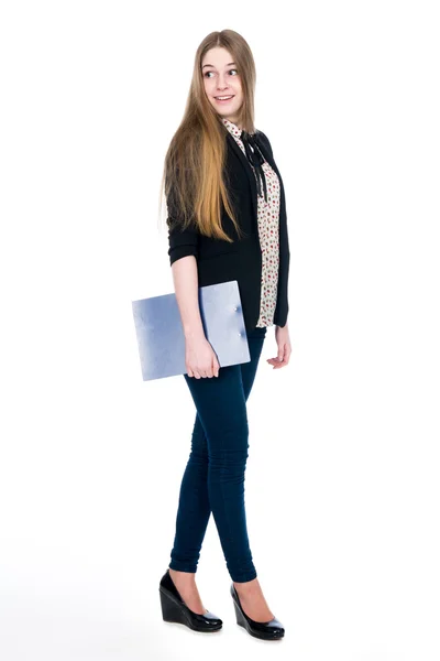 Full length of young blond smiling girl holding clipboard surpri — Stock Photo, Image