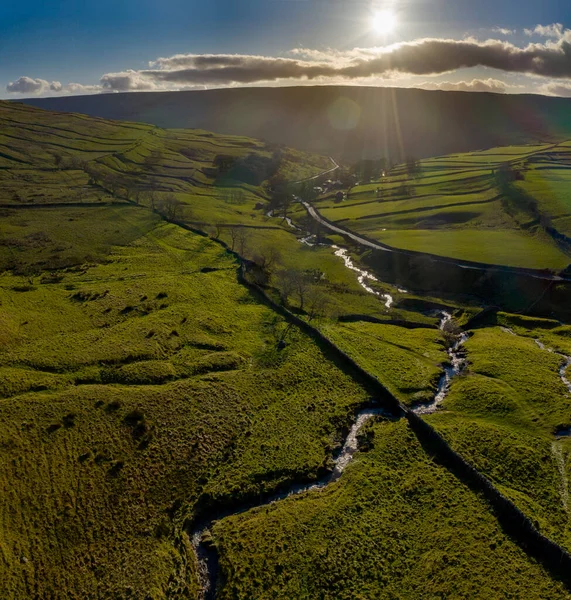 Cray Gill Accanto Buckden Pike Guardando Nel Tramonto Vista Aerea — Foto Stock