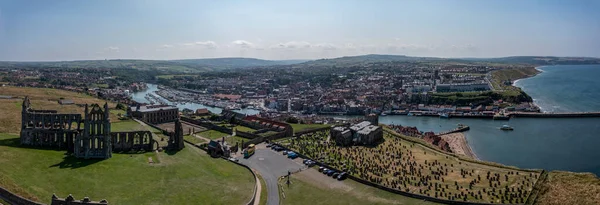 Panorama Whitby Town Harbour Abbey Marys Church — Stock Photo, Image