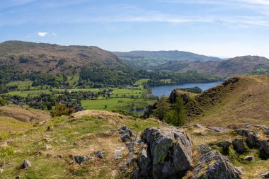 grasmere lake and village and rydal water from silver howe in spring sunny day no people