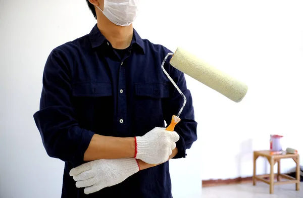 Room Painting Job Schilder Man Met Roller — Stockfoto