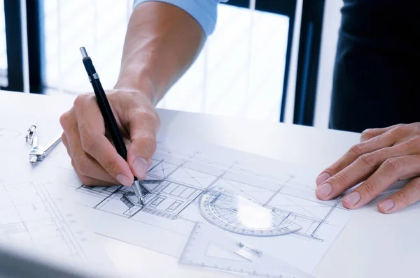 Architecture Drawing Architectural Project Business Architecture Building Construction People Concept — Stock Photo, Image