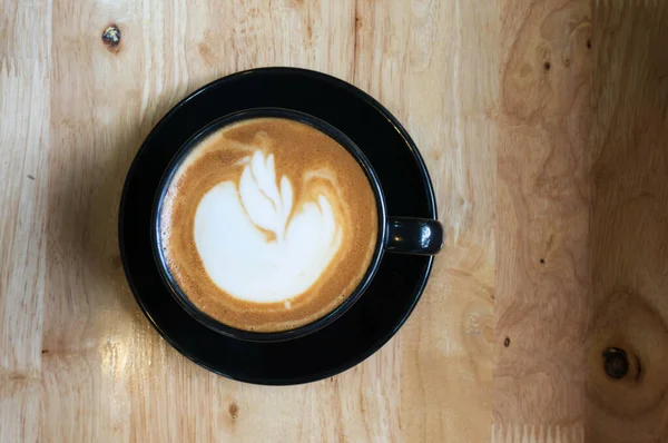 Latte Art Coffee Wood Table Top View — Stok Foto