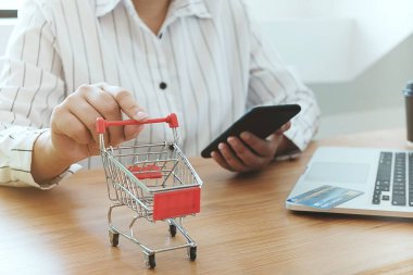 İnternet alışveriş konsepti için dizüstü bilgisayarı olan kadın ve küçük alışveriş arabası