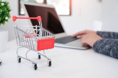 İnternet alışveriş konsepti için dizüstü bilgisayarı olan kadın ve küçük alışveriş arabası.