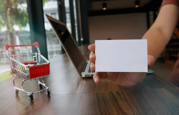 Close Women Hands Holding Business Name Card Blank Copy Space — Stock Photo, Image