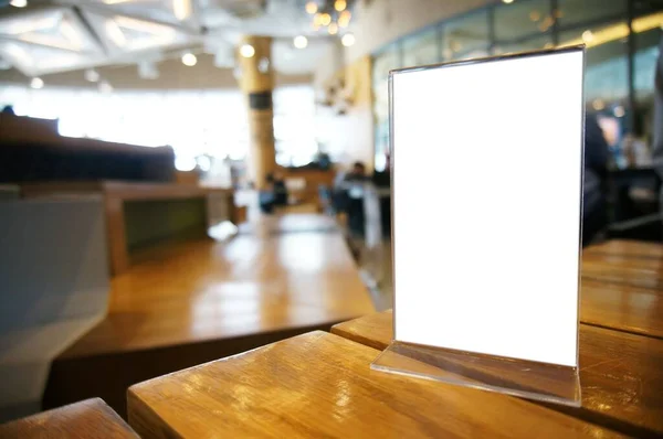 Mock Menu Frame Staande Houten Tafel Bar Restaurant Cafe Ruimte — Stockfoto