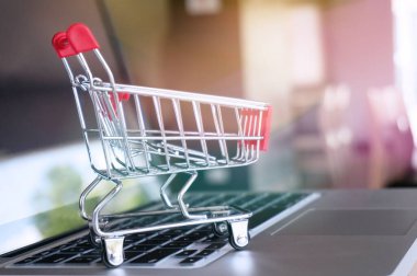 İnternetten alışveriş yapmak için dizüstü bilgisayarı olan küçük bir alışveriş arabası..