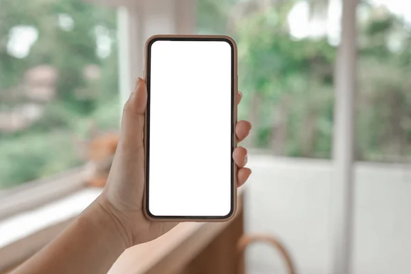 Женские Руки Держат Мобильный Телефон Пустой Копировальный Экран Смартфон Чистым — стоковое фото