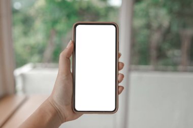 Cep telefonunun boş fotokopi ekranını tutan kadınların elleri. Beyaz ekranlı akıllı telefon izole edildi. Teknoloji konsepti olan akıllı telefon