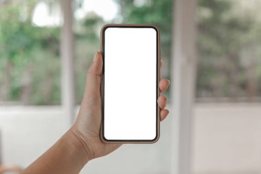 Cep telefonunun boş fotokopi ekranını tutan kadınların elleri. Beyaz ekranlı akıllı telefon izole edildi. Teknoloji konsepti olan akıllı telefon