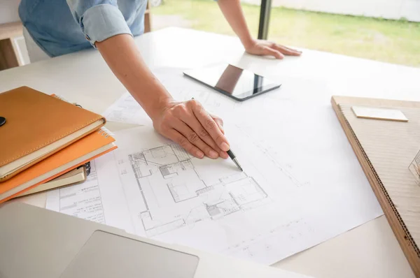 Architecture Drawing Architectural Project Business Architecture Building Construction Colleagues Interior — Stock Photo, Image