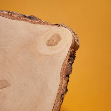 Parlak sarı arka planda huş ağacının dokusunu kesin, doğal malzemeler, ürününüz için yer açın. Yüksek kalite fotoğraf