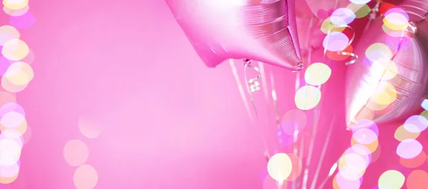 Pink Balloons Helium Pink Background Bokeh Lights Banner Copy Paste — ストック写真