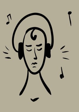 Bej arka planda müzik dinleyen birinin yüzü çizilmiş. Yüksek kaliteli illüstrasyon