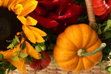 Sonbahar çiçekleri sepette, buket cam kenarında fotokopi alanı ile birlikte.. 