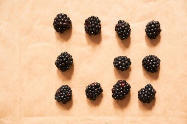 Bej el işi kağıdında 11 böğürtlen, dikdörtgen şeklinde.