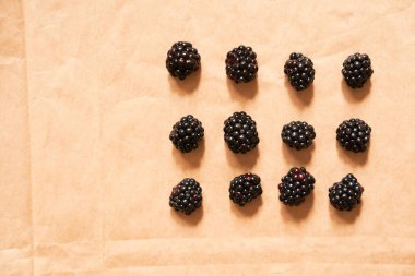 Bej el işi kağıdında 12 böğürtlen, dikdörtgen şeklinde.