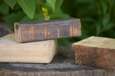 Yeşil arka planda ahşap bir podyum. Düz kare tribünler ya da doğal tasarım konsepti için podyum. Merkezi kompozisyon, ön görünüm