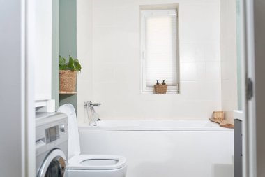 Lüks bir evde güzel bir banyo. Odanın zarif bir banyosu, çamaşır makinesi ve penceresi var..