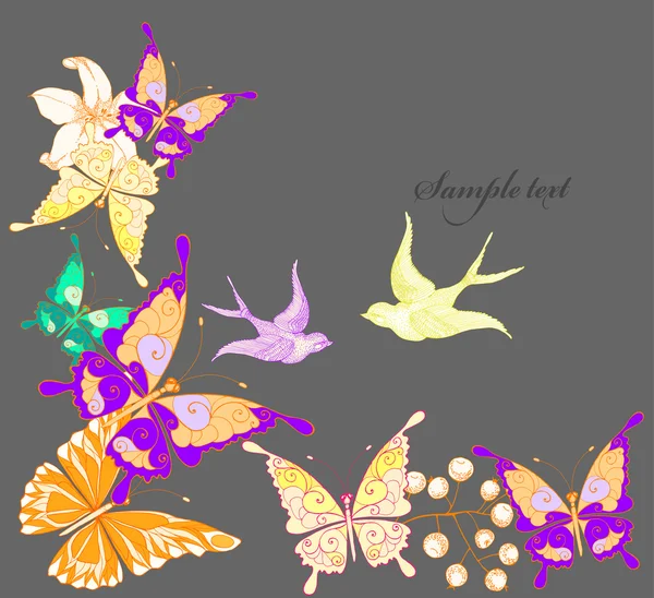 Fondo con coloridas flores y mariposas — Vector de stock