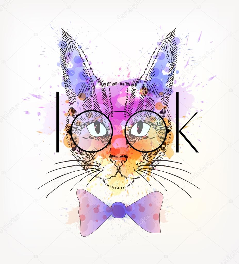 Hipster cat with watercolor blots