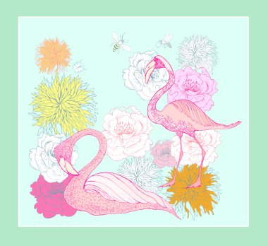 Tropik çiçekler ve flamingolar