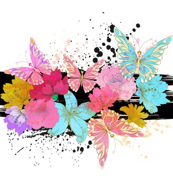 çiçekler, geometrik elemanlar ve renkli lekeleri