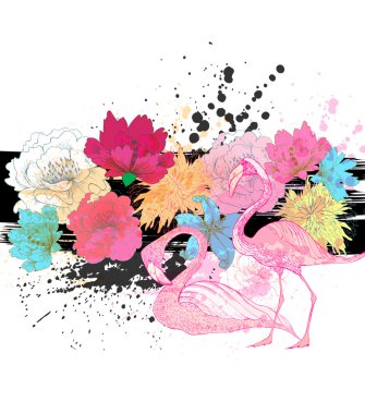 çiçekler, geometrik elemanlar ve renkli lekeleri