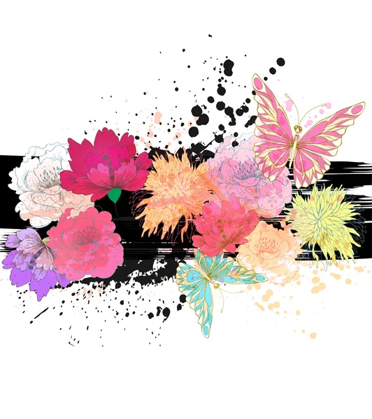 Flores, elementos geométricos y manchas de colores — Vector de stock
