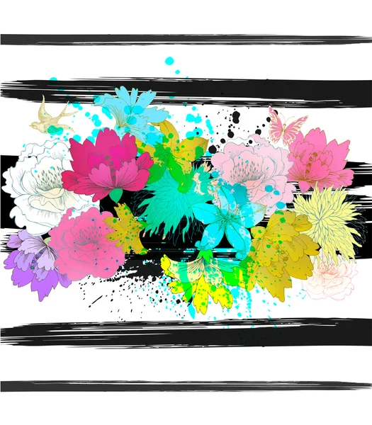 Bloemen, geometrische elementen en kleurrijke blots — Stockvector