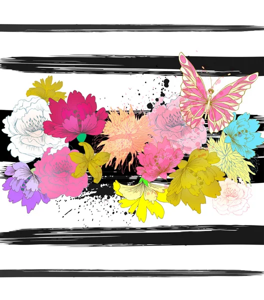 çiçekler, geometrik elemanlar ve renkli lekeleri