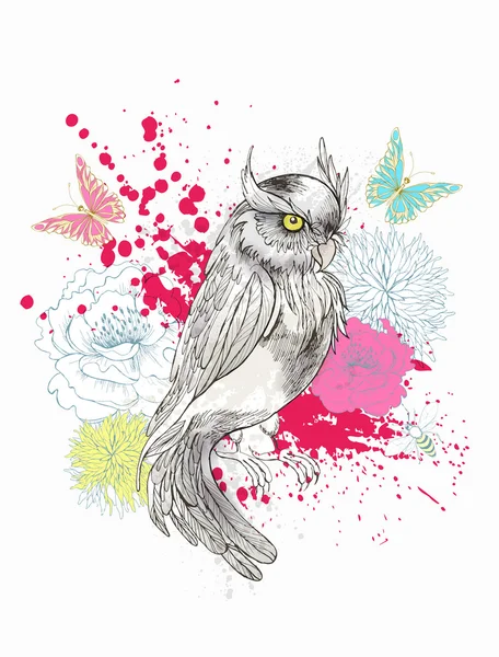 Hand Drawn owl with colorful flowers — Stock Vector