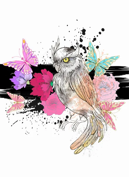 Hibou dessiné à la main avec des fleurs colorées — Image vectorielle