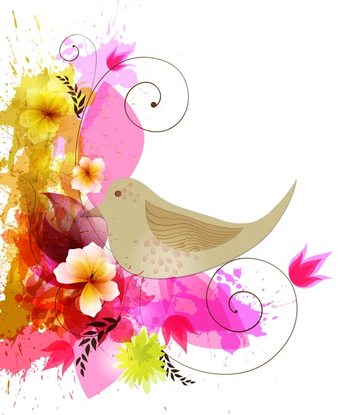 Floral designelementen, vlekken en vogel — Stockvector