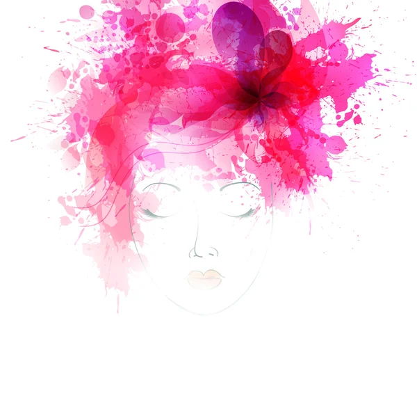 Mujer con flores de colores y manchas — Vector de stock