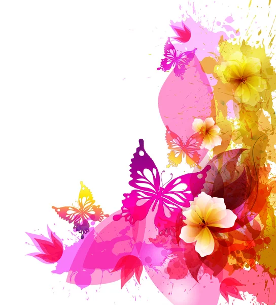 Hintergrund mit Aquarellblumen und Schmetterlingen — Stockvektor