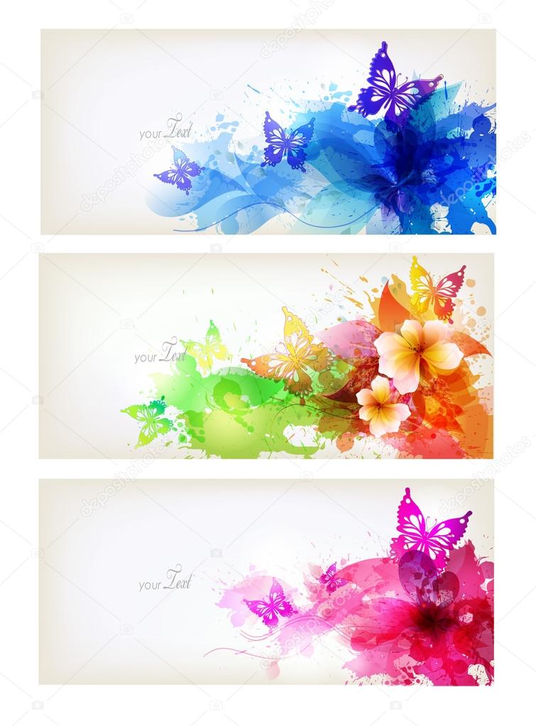 Set of flowers element and colorful butterfly